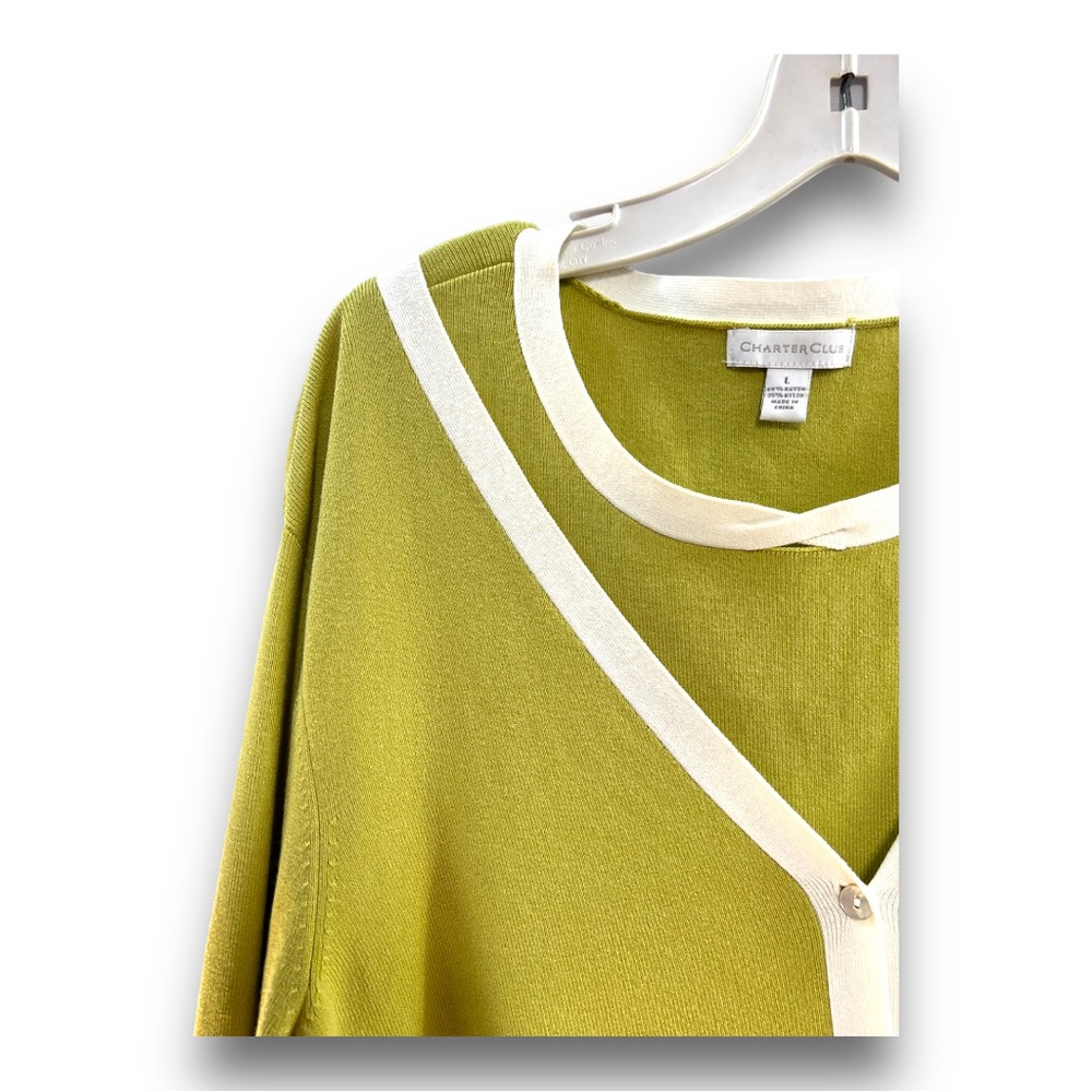 CHARTER CLUB Vintage Y2K Olive green white trim cardigan and tank top SZ L - Picture 10 of 16